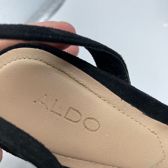 Aldo Black Rhinestone Chunky Heel Peep Toe Shoes Womens 6.5 Glitter Party Glam - Picture 6 of 8